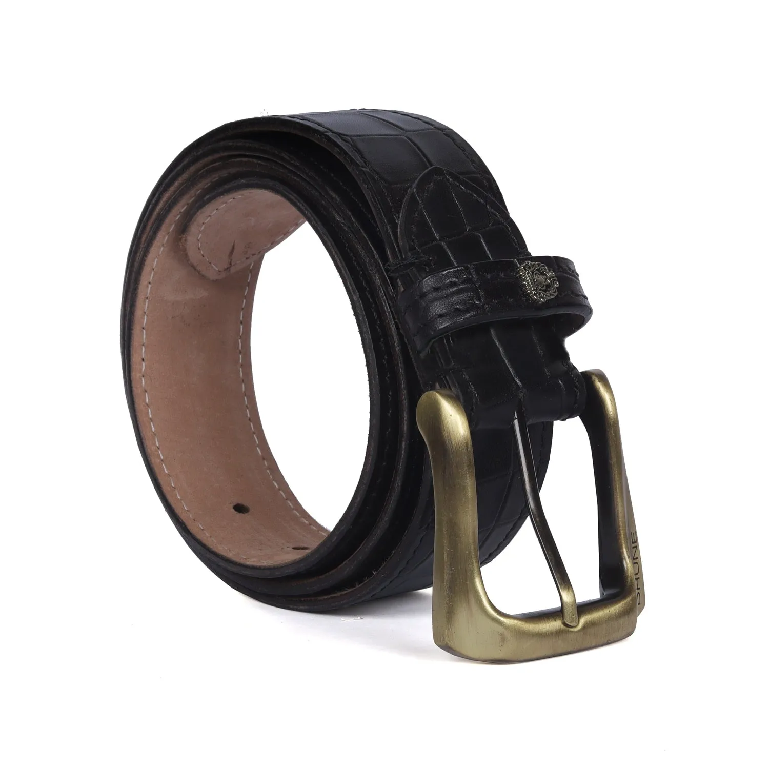 Smokey Gold Slant Shape Buckle Belt with Mini Lion Black Croco Textured Leather By Brune & Bareskin