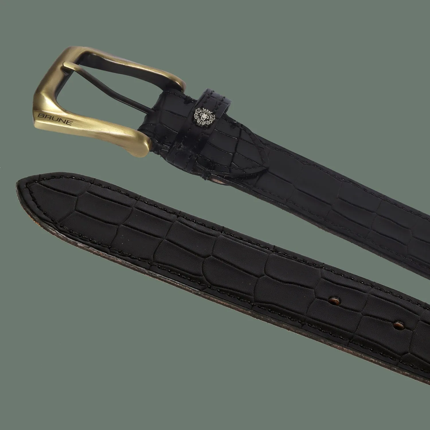 Smokey Gold Slant Shape Buckle Belt with Mini Lion Black Croco Textured Leather By Brune & Bareskin