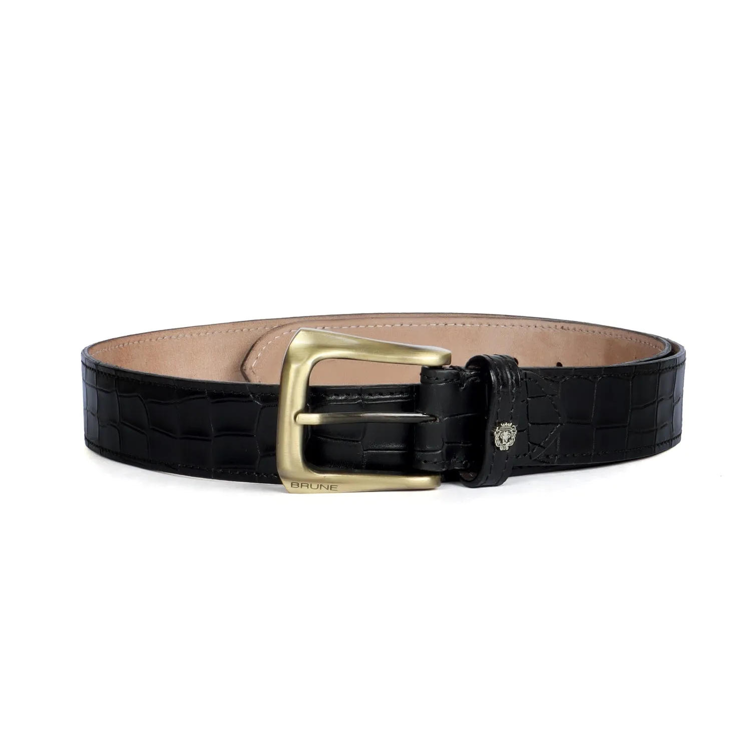 Smokey Gold Slant Shape Buckle Belt with Mini Lion Black Croco Textured Leather By Brune & Bareskin