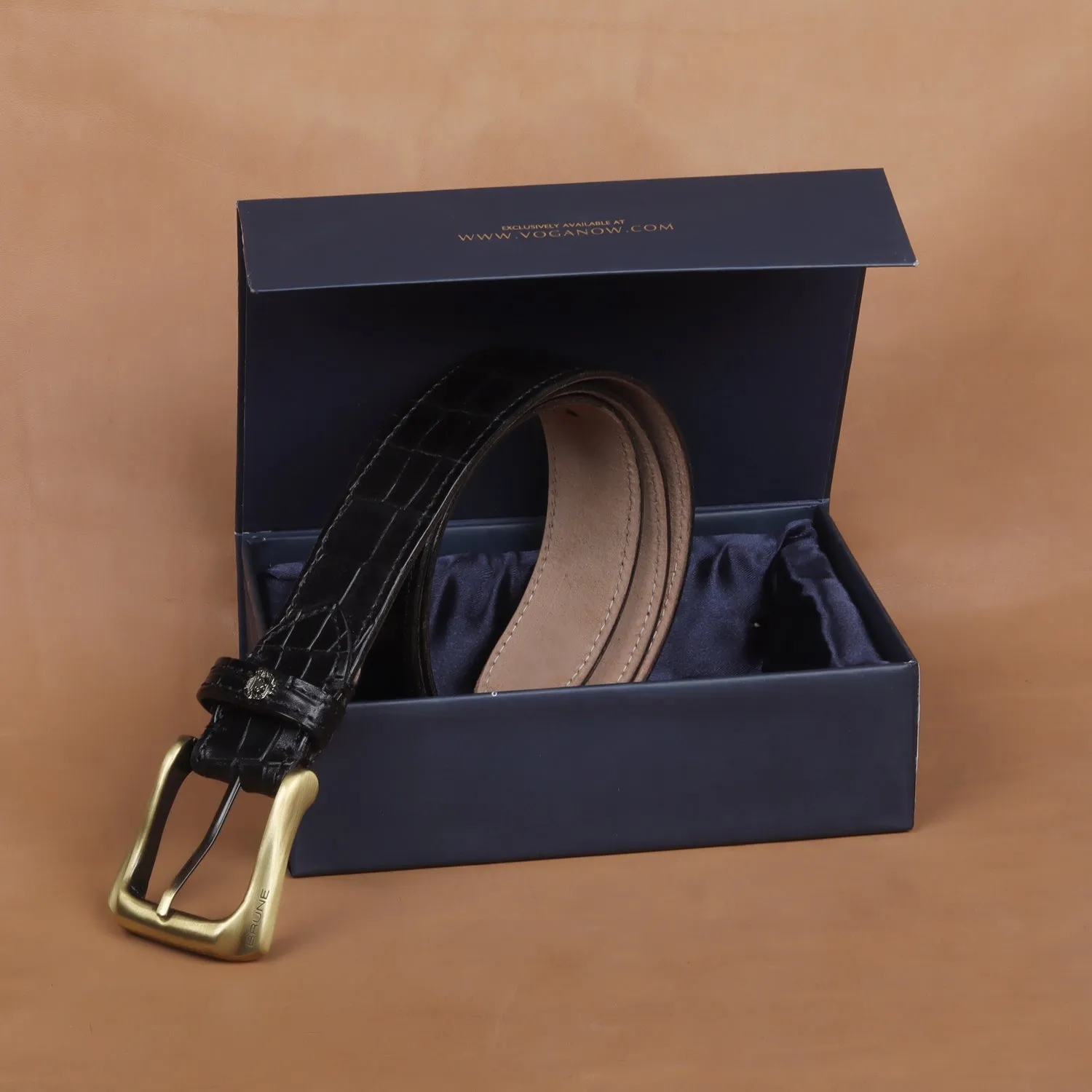 Smokey Gold Slant Shape Buckle Belt with Mini Lion Black Croco Textured Leather By Brune & Bareskin
