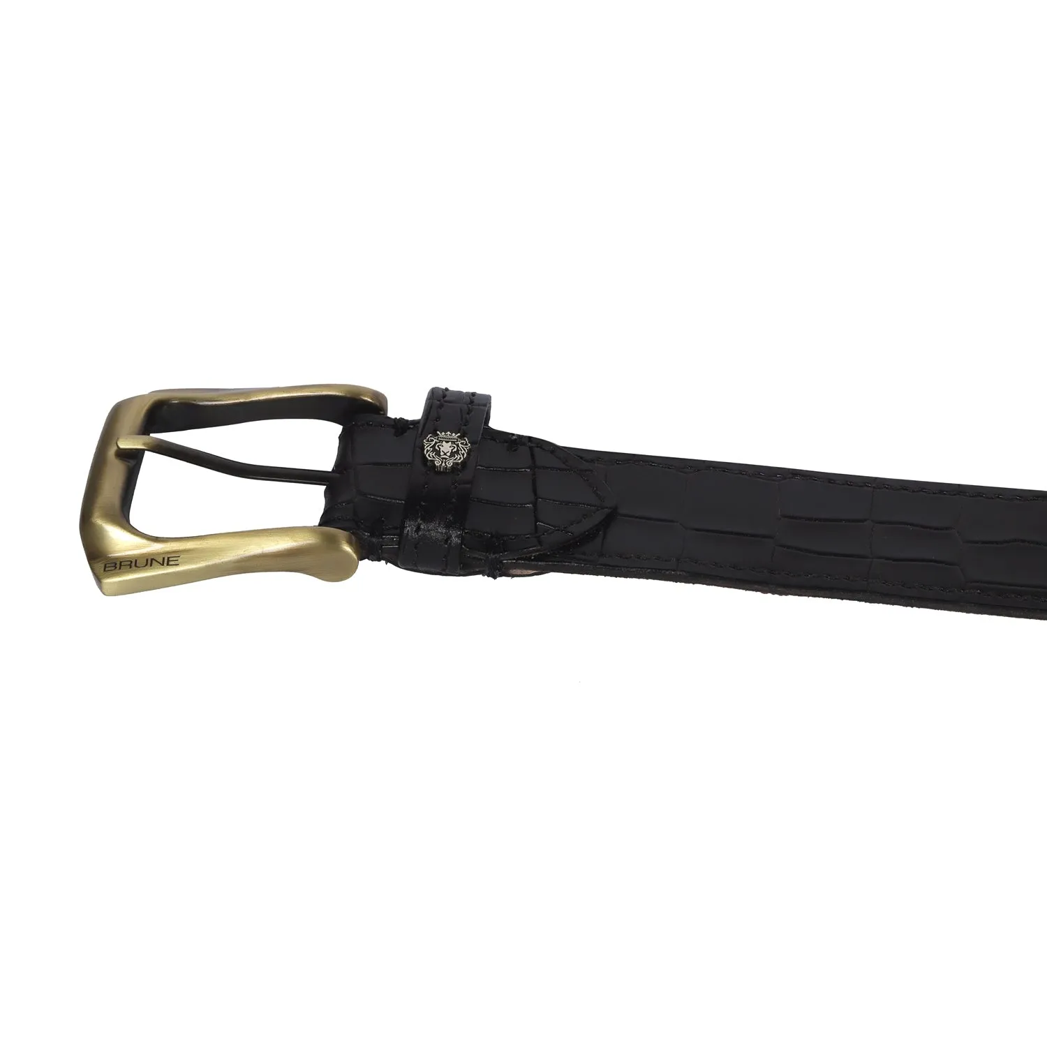 Smokey Gold Slant Shape Buckle Belt with Mini Lion Black Croco Textured Leather By Brune & Bareskin