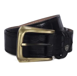 Smokey Gold Slant Shape Buckle Belt with Mini Lion Black Croco Textured Leather By Brune & Bareskin