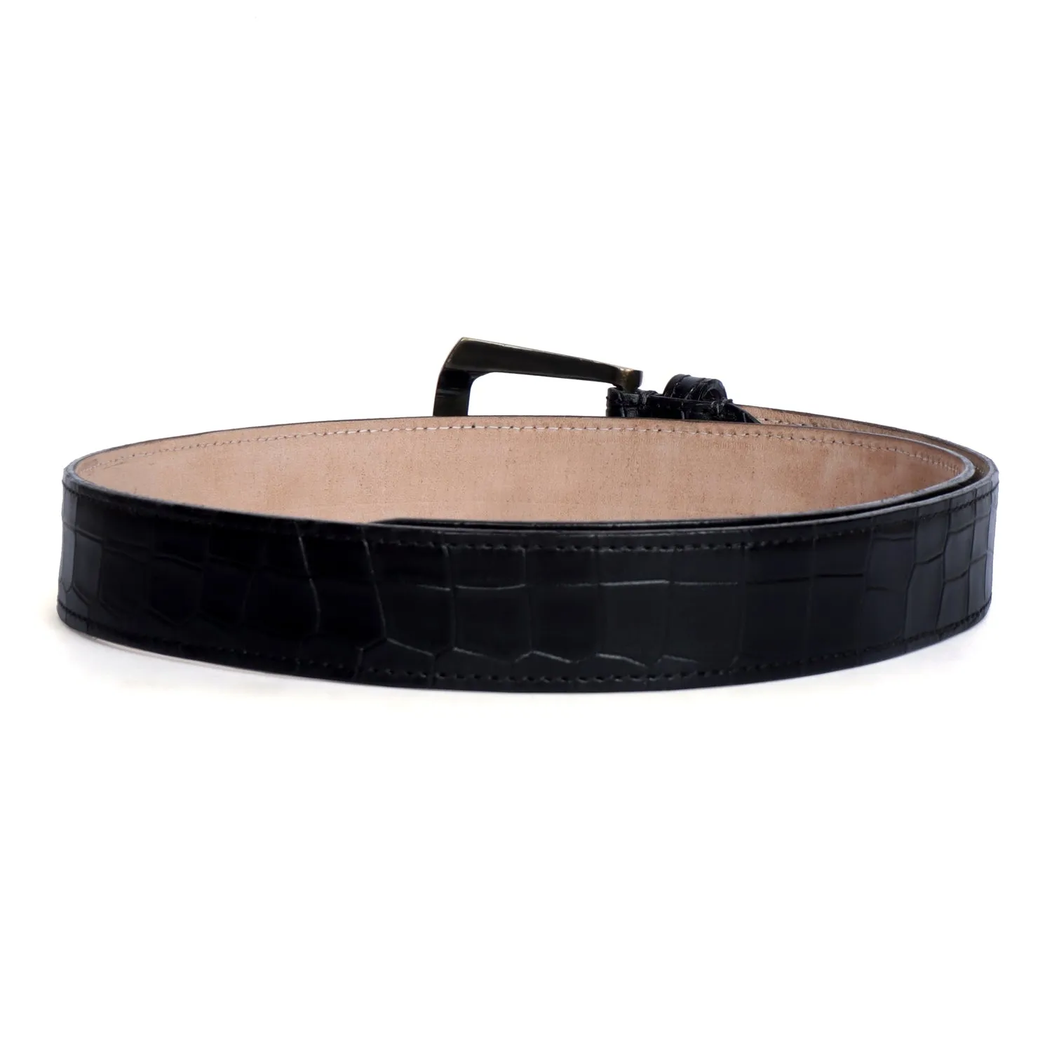 Smokey Gold Slant Shape Buckle Belt with Mini Lion Black Croco Textured Leather By Brune & Bareskin