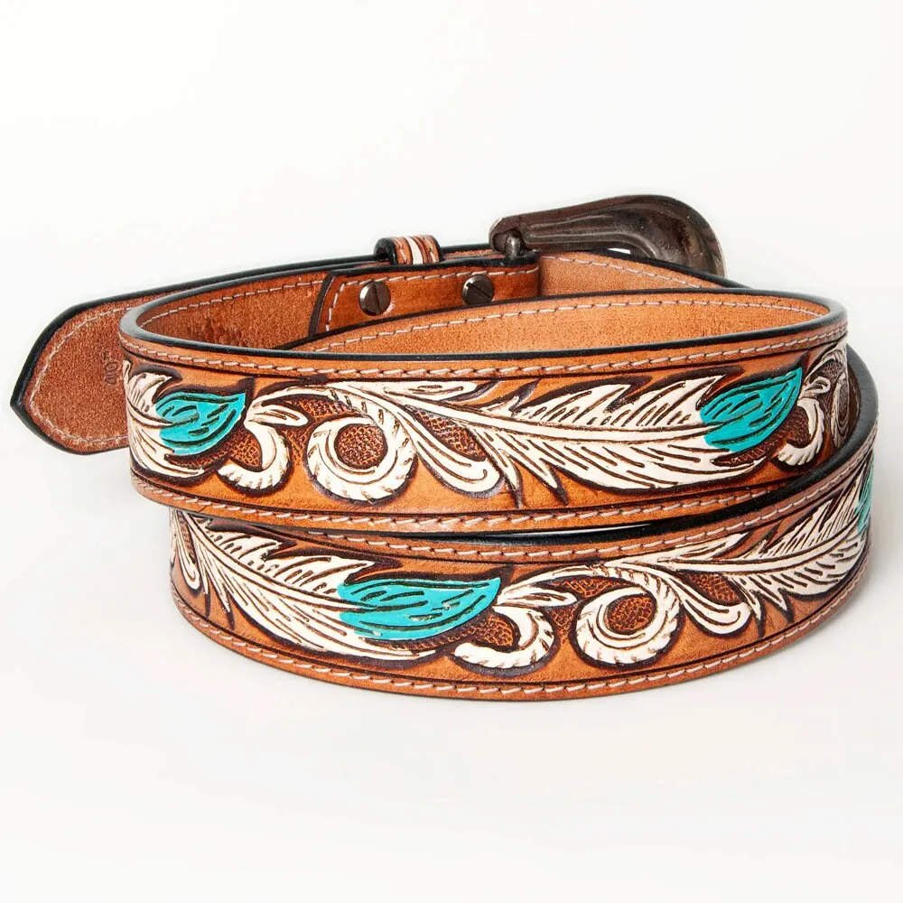 White Feather Hand Tooled Leather Belt