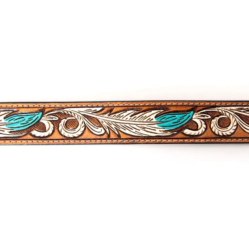 White Feather Hand Tooled Leather Belt