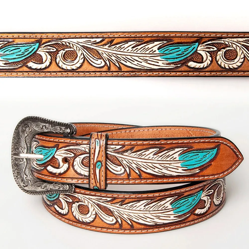 White Feather Hand Tooled Leather Belt