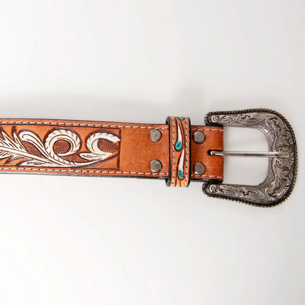 White Feather Hand Tooled Leather Belt