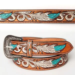 White Feather Hand Tooled Leather Belt