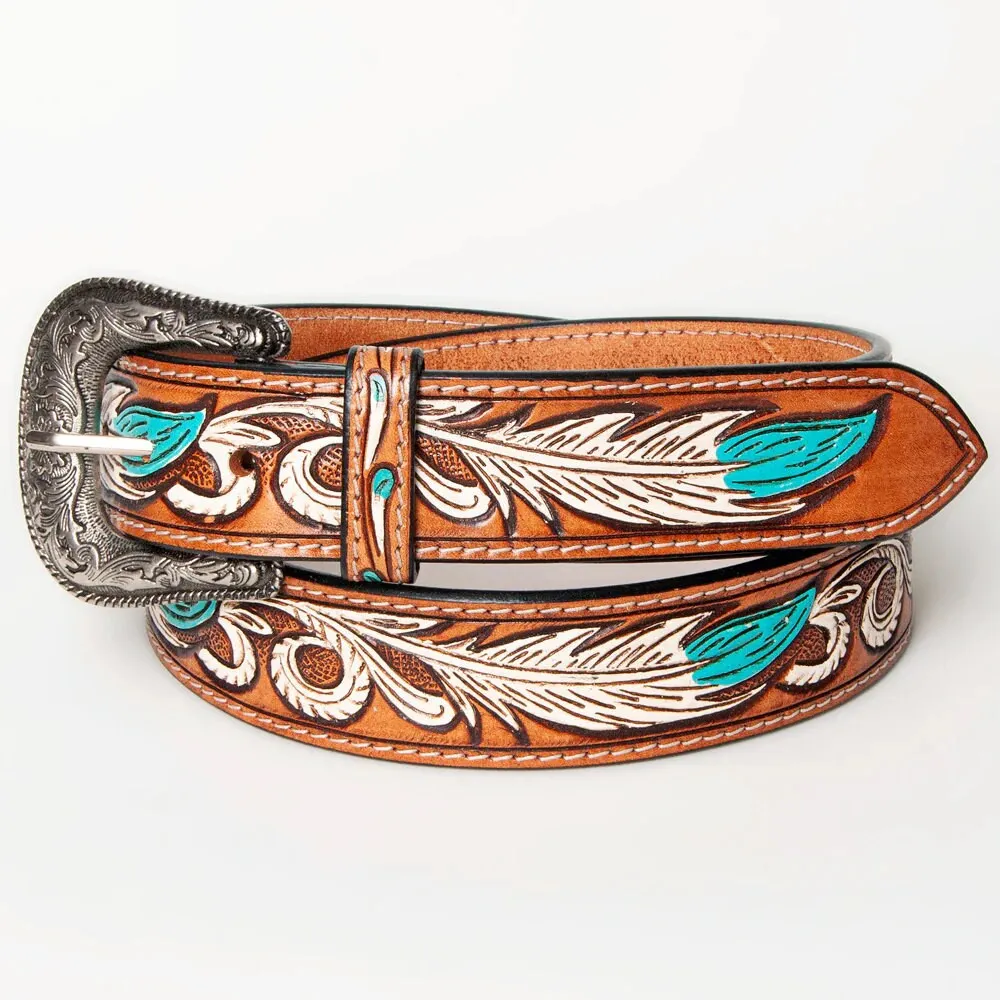 White Feather Hand Tooled Leather Belt