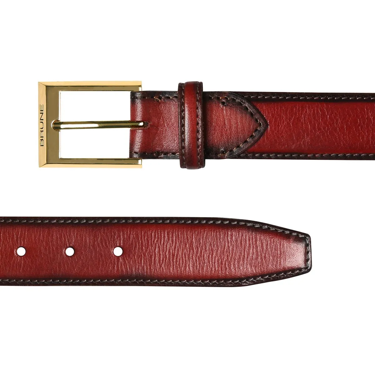 Wine With Golden Buckle Hand Painted Leather Formal Belt For Men