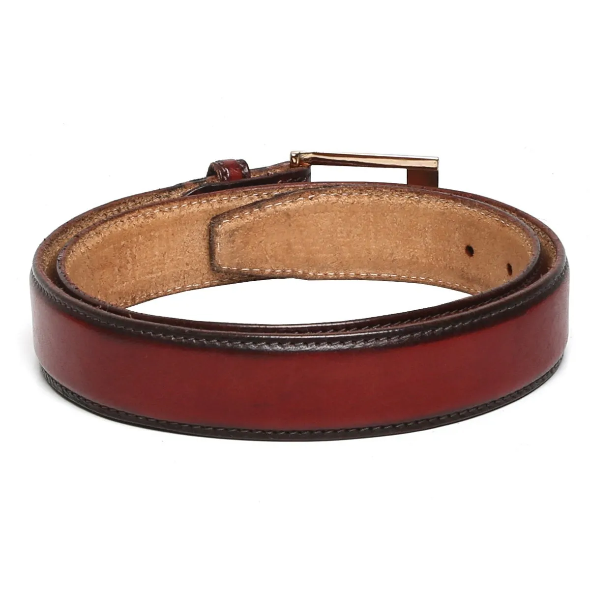Wine With Golden Buckle Hand Painted Leather Formal Belt For Men